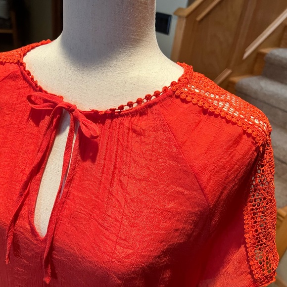 Women's Cap Sleeve Tie Front Blouse with Lace Inset - Picture 8 of 15